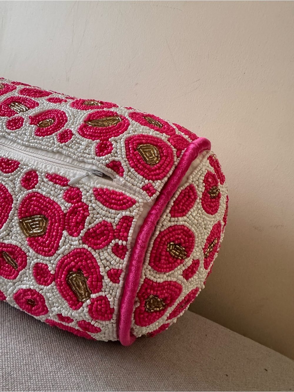 Beaded Cylindrical pillow  Pink White Gold decorative  animal print - Picture 5 of 11